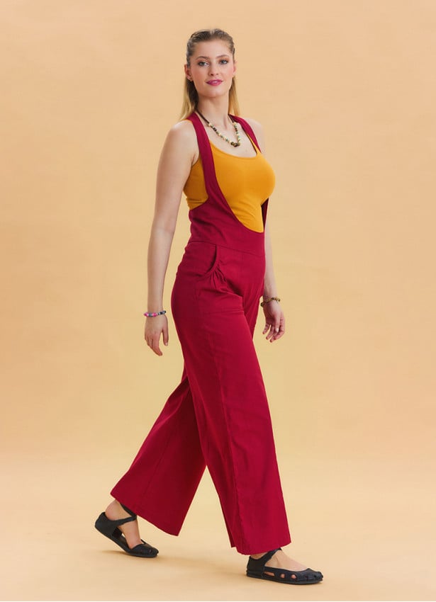 Red Womens Wide Leg Jumpsuit with Zipper Detail and Pockets 4673
